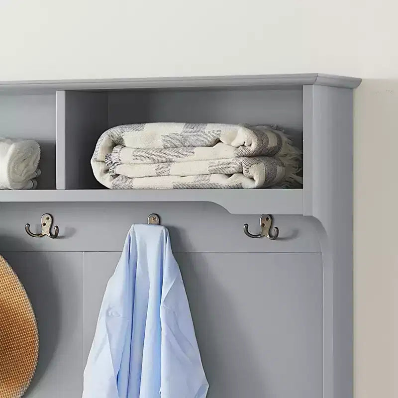 Hall Tree with Shoe Rack Bench, Coat Hooks, and Open Shelves for Entryway Storage and Organization
