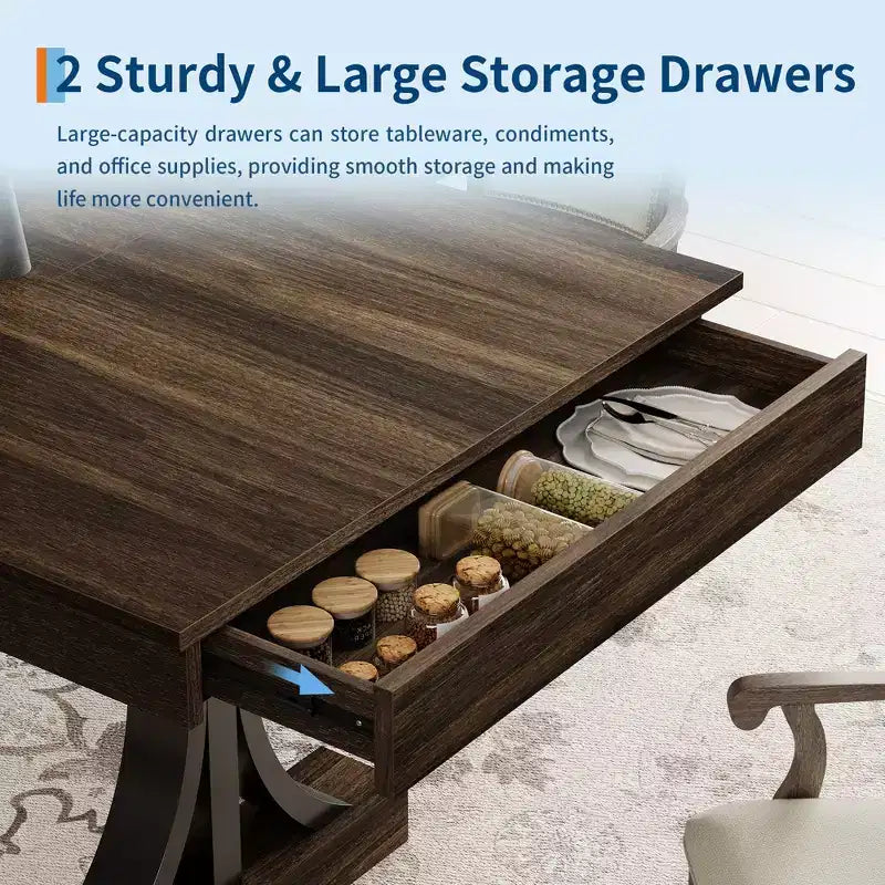 71 Wooden Kitchen Table with Two Drawers - Large Dining Table for 6-8 w/ Sturdy Frame, Rectangular Dining Table with Double Pedestal, for Kitchen