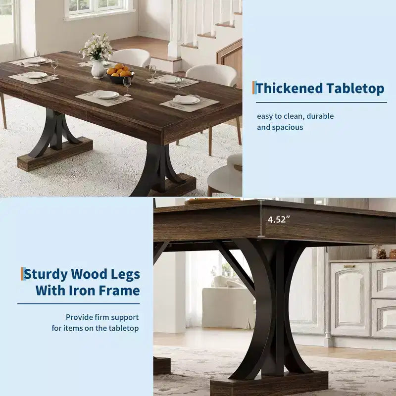 71 Wooden Kitchen Table with Two Drawers - Large Dining Table for 6-8 w/ Sturdy Frame, Rectangular Dining Table with Double Pedestal, for Kitchen