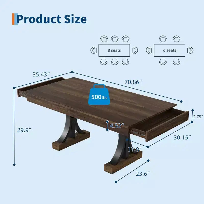 71 Wooden Kitchen Table with Two Drawers - Large Dining Table for 6-8 w/ Sturdy Frame, Rectangular Dining Table with Double Pedestal, for Kitchen
