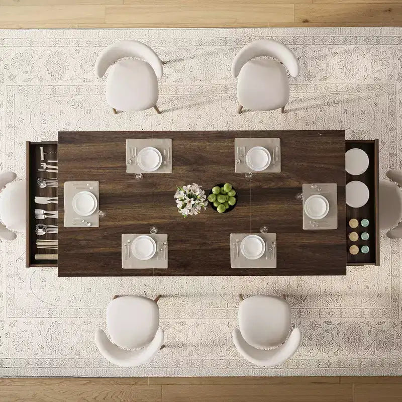 71 Wooden Kitchen Table with Two Drawers - Large Dining Table for 6-8 w/ Sturdy Frame, Rectangular Dining Table with Double Pedestal, for Kitchen