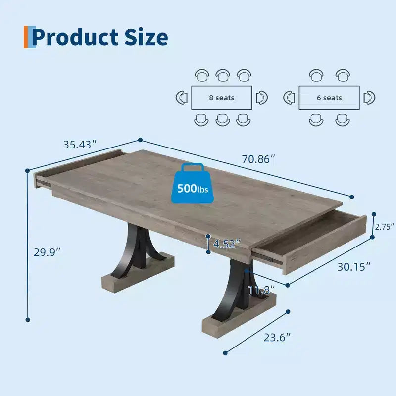 71 Wooden Kitchen Table with Two Drawers - Large Dining Table for 6-8 w/ Sturdy Frame, Rectangular Dining Table with Double Pedestal, for Kitchen