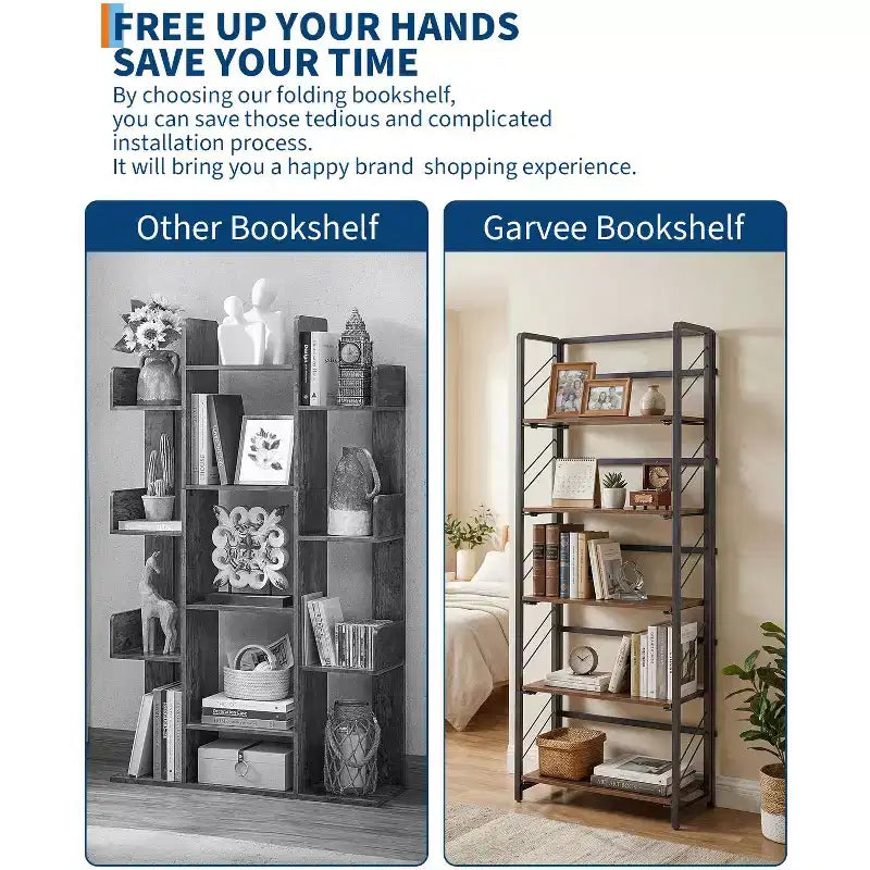 Folding Bookshelf - 4-Tier Vintage Office Bookcase - No-Assembly - Sturdy Black Frame & Brown Wood