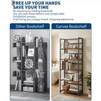 Folding Bookshelf - 4-Tier Vintage Office Bookcase - No-Assembly - Sturdy Black Frame & Brown Wood