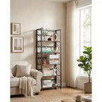Folding Bookshelf - 4-Tier Vintage Office Bookcase - No-Assembly - Sturdy Black Frame & Brown Wood