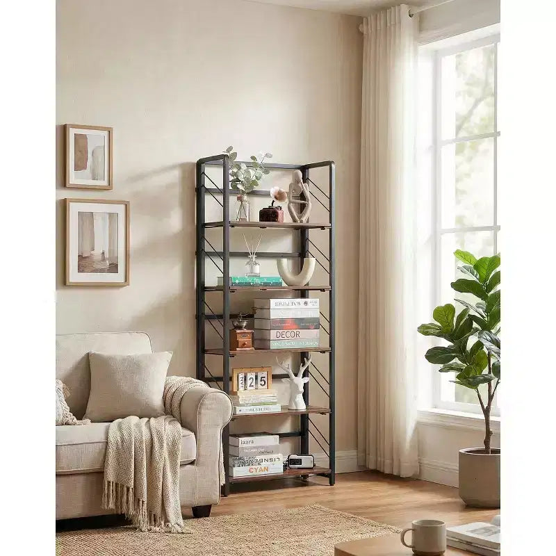 Folding Bookshelf - 4-Tier Vintage Office Bookcase - No-Assembly - Sturdy Black Frame & Brown Wood