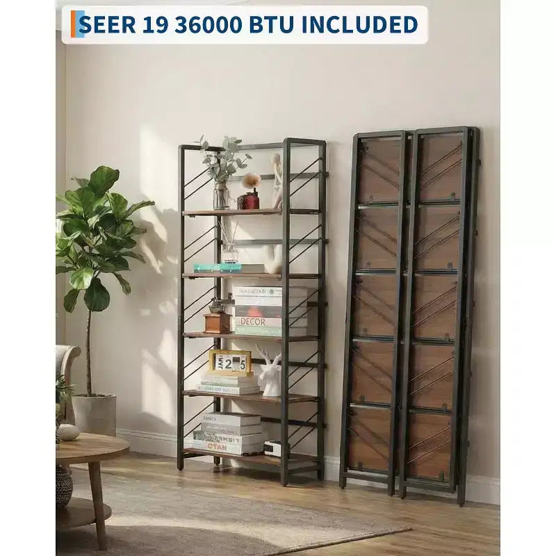 Folding Bookshelf - 4-Tier Vintage Office Bookcase - No-Assembly - Sturdy Black Frame & Brown Wood