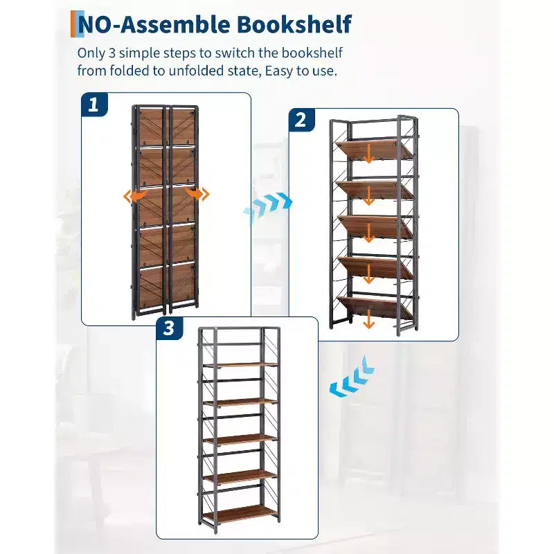 Folding Bookshelf - 4-Tier Vintage Office Bookcase - No-Assembly - Sturdy Black Frame & Brown Wood
