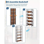 Folding Bookshelf - 4-Tier Vintage Office Bookcase - No-Assembly - Sturdy Black Frame & Brown Wood