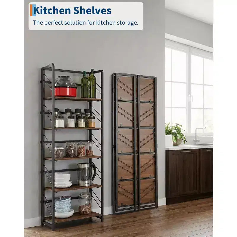 Folding Bookshelf - 4-Tier Vintage Office Bookcase - No-Assembly - Sturdy Black Frame & Brown Wood