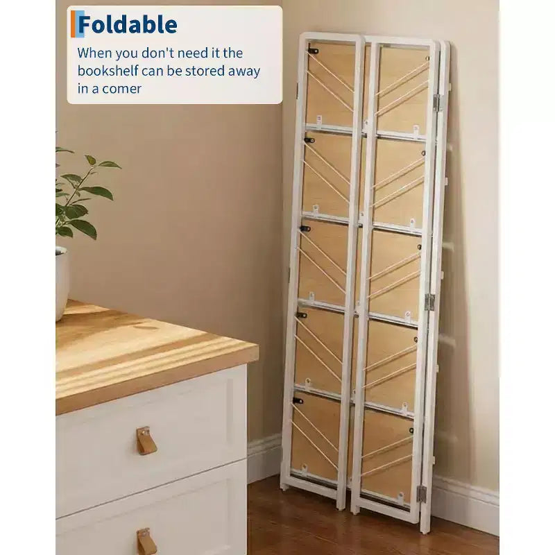 Folding Bookshelf - 4-Tier Vintage Office Bookcase - No-Assembly - Sturdy Black Frame & Brown Wood