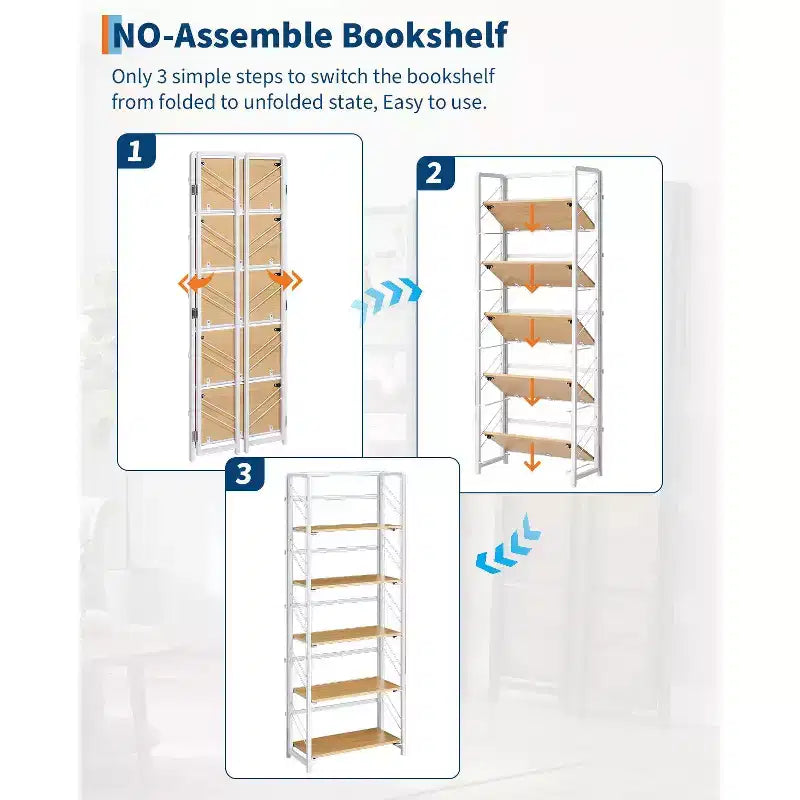 Folding Bookshelf - 4-Tier Vintage Office Bookcase - No-Assembly - Sturdy Black Frame & Brown Wood