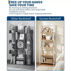 Folding Bookshelf - 4-Tier Vintage Office Bookcase - No-Assembly - Sturdy Black Frame & Brown Wood