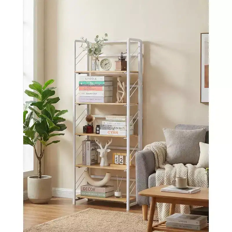 Folding Bookshelf - 4-Tier Vintage Office Bookcase - No-Assembly - Sturdy Black Frame & Brown Wood