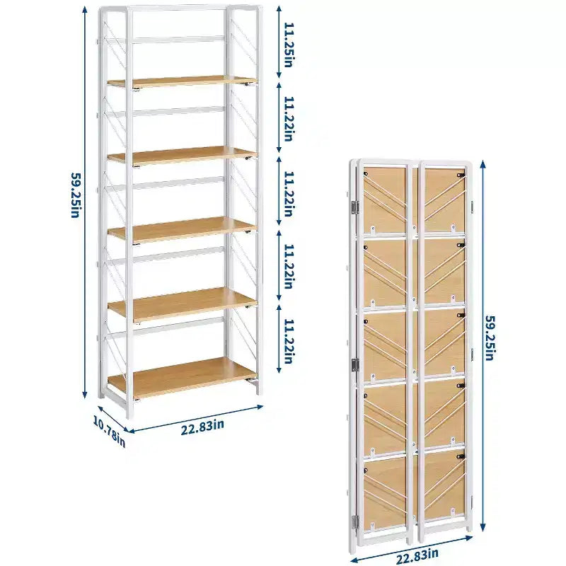 Folding Bookshelf - 4-Tier Vintage Office Bookcase - No-Assembly - Sturdy Black Frame & Brown Wood