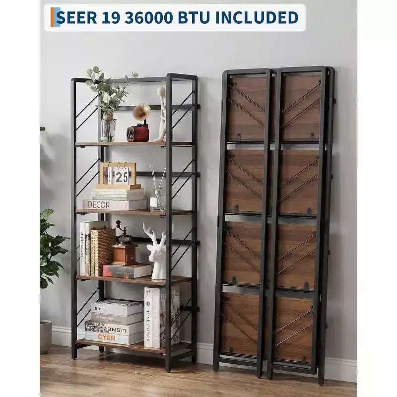 Folding Bookshelf - 4-Tier Vintage Office Bookcase - No-Assembly - Sturdy Black Frame & Brown Wood
