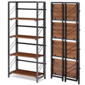 Folding Bookshelf - 4-Tier Vintage Office Bookcase - No-Assembly - Sturdy Black Frame & Brown Wood