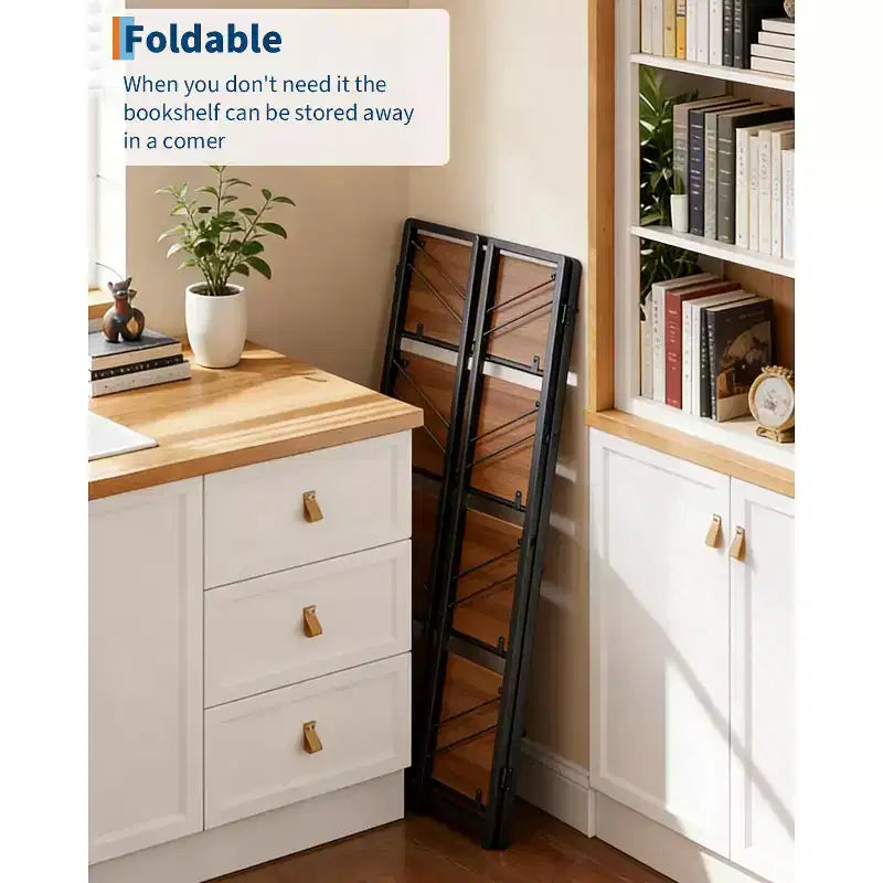 Folding Bookshelf - 4-Tier Vintage Office Bookcase - No-Assembly - Sturdy Black Frame & Brown Wood