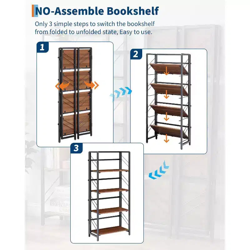 Folding Bookshelf - 4-Tier Vintage Office Bookcase - No-Assembly - Sturdy Black Frame & Brown Wood