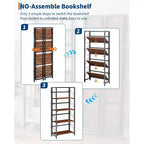 Folding Bookshelf - 4-Tier Vintage Office Bookcase - No-Assembly - Sturdy Black Frame & Brown Wood