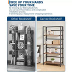 Folding Bookshelf - 4-Tier Vintage Office Bookcase - No-Assembly - Sturdy Black Frame & Brown Wood