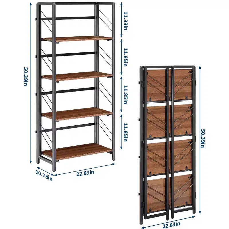 Folding Bookshelf - 4-Tier Vintage Office Bookcase - No-Assembly - Sturdy Black Frame & Brown Wood