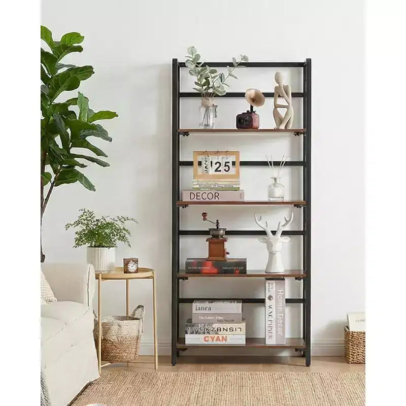 Folding Bookshelf - 4-Tier Vintage Office Bookcase - No-Assembly - Sturdy Black Frame & Brown Wood