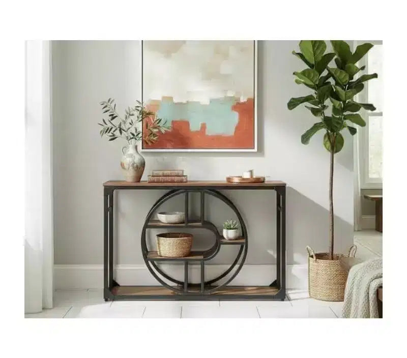 55 Entryway Table, 5-Tier Console Tables for Entryway, with o-Shaped Metal Frame & Storage Shelves, Industrial Sofa Tables for Living Room