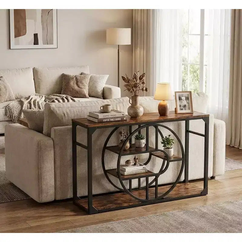 55 Entryway Table, 5-Tier Console Tables for Entryway, with o-Shaped Metal Frame & Storage Shelves, Industrial Sofa Tables for Living Room