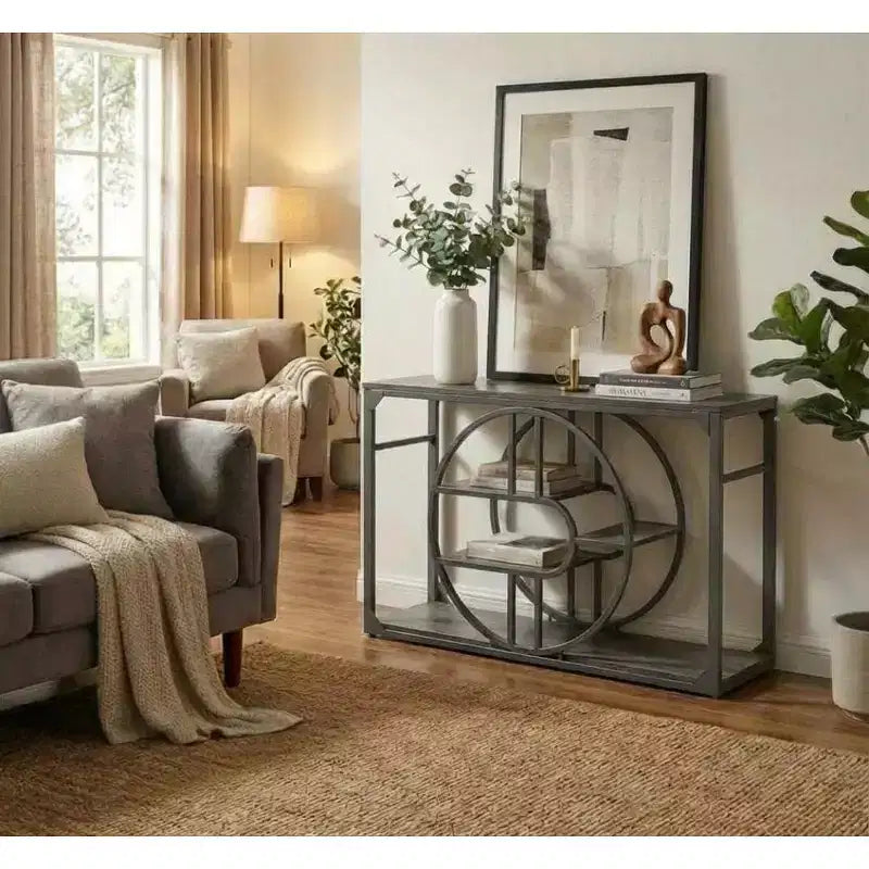 55 Entryway Table, 5-Tier Console Tables for Entryway, with o-Shaped Metal Frame & Storage Shelves, Industrial Sofa Tables for Living Room