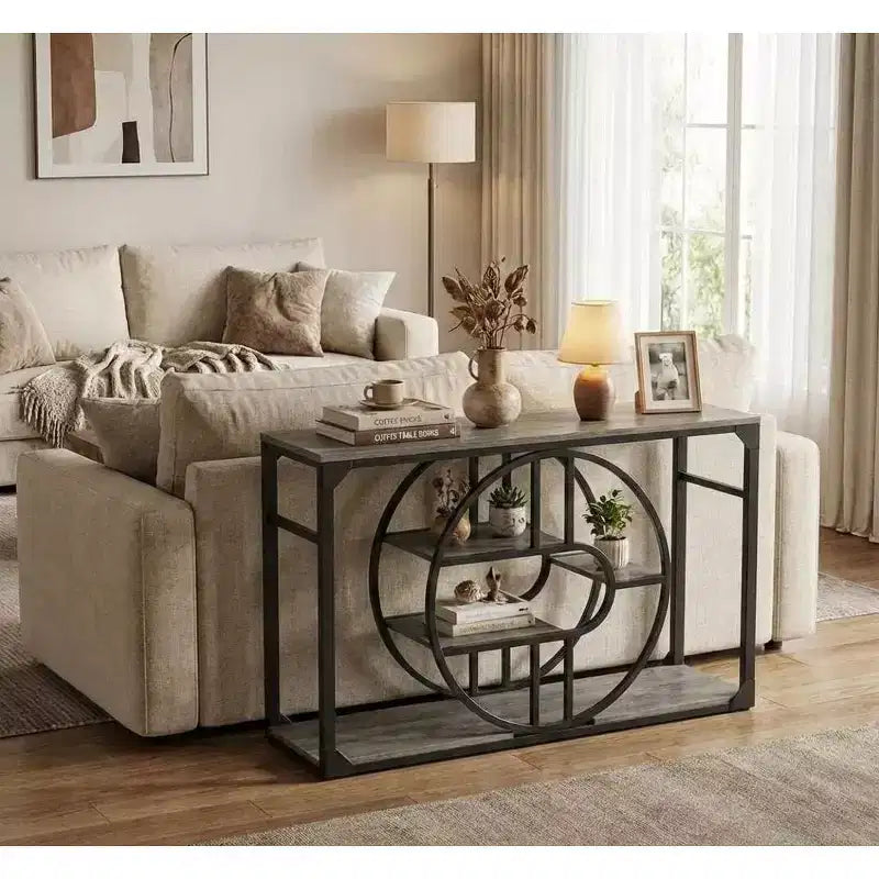55 Entryway Table, 5-Tier Console Tables for Entryway, with o-Shaped Metal Frame & Storage Shelves, Industrial Sofa Tables for Living Room