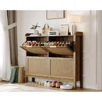 Meuble à chaussures en rotin style ferme, organisateur de chaussures bohème de 120 cm avec 4 tiroirs basculants, étagère à chaussures étroite autoportante pour entrée, marron