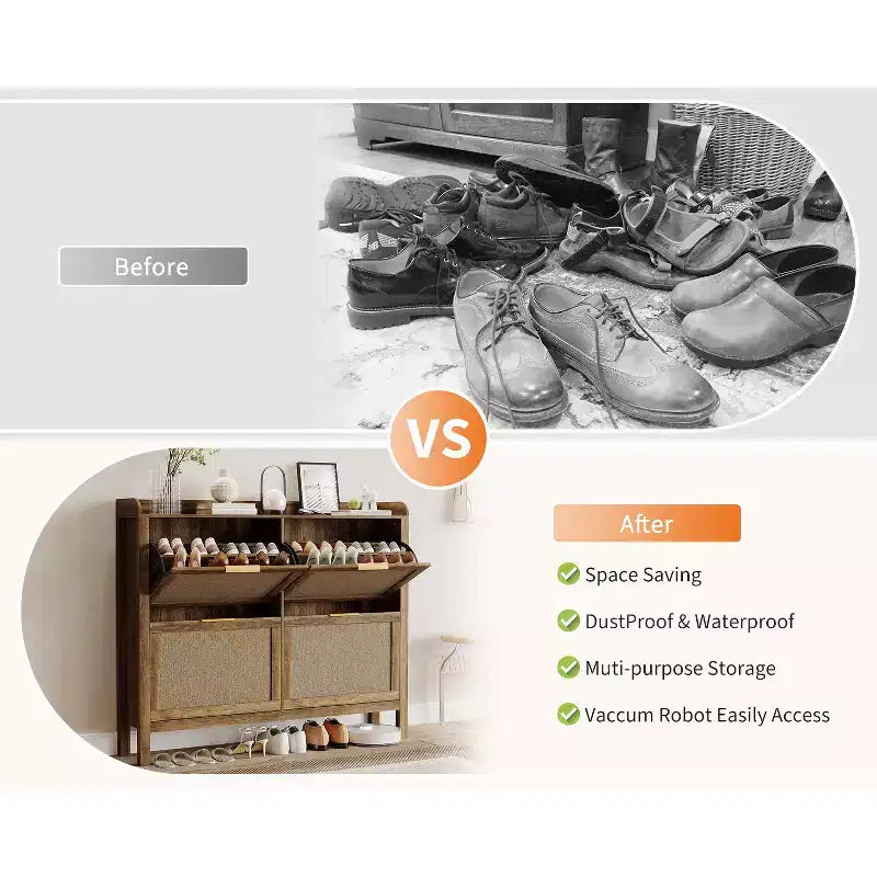 Meuble à chaussures en rotin style ferme, organisateur de chaussures bohème de 120 cm avec 4 tiroirs basculants, étagère à chaussures étroite autoportante pour entrée, marron