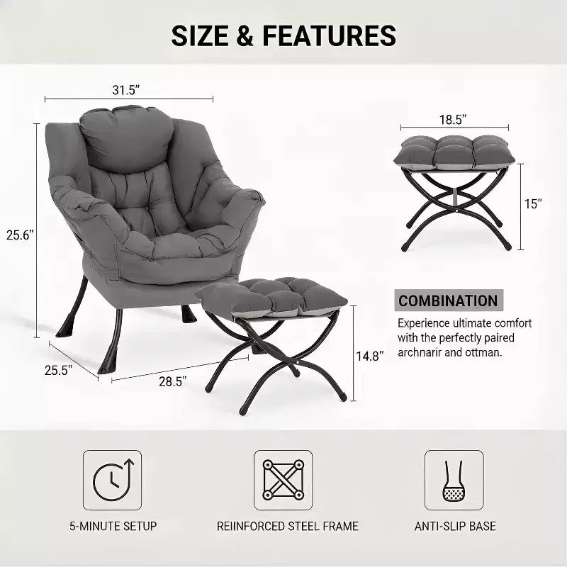 Summit Adventure Lazy Chair with Ottoman Modern Accent Leisure Upholstered Armchair with Armrests Side Pocket Dark Grey