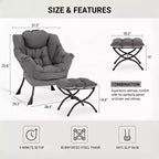 Summit Adventure Lazy Chair with Ottoman Modern Accent Leisure Upholstered Armchair with Armrests Side Pocket Dark Grey