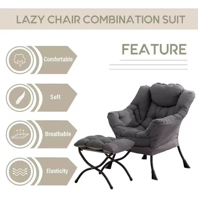 Summit Adventure Lazy Chair with Ottoman Modern Accent Leisure Upholstered Armchair with Armrests Side Pocket Dark Grey