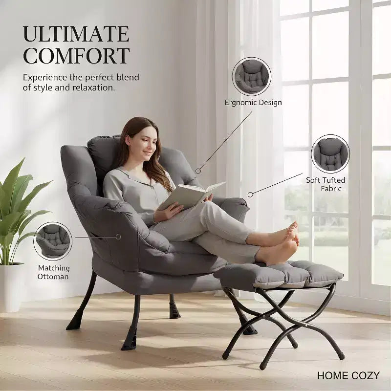 Summit Adventure Lazy Chair with Ottoman Modern Accent Leisure Upholstered Armchair with Armrests Side Pocket Dark Grey