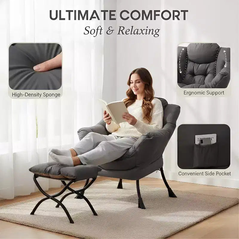 Summit Adventure Lazy Chair with Ottoman Modern Accent Leisure Upholstered Armchair with Armrests Side Pocket Dark Grey