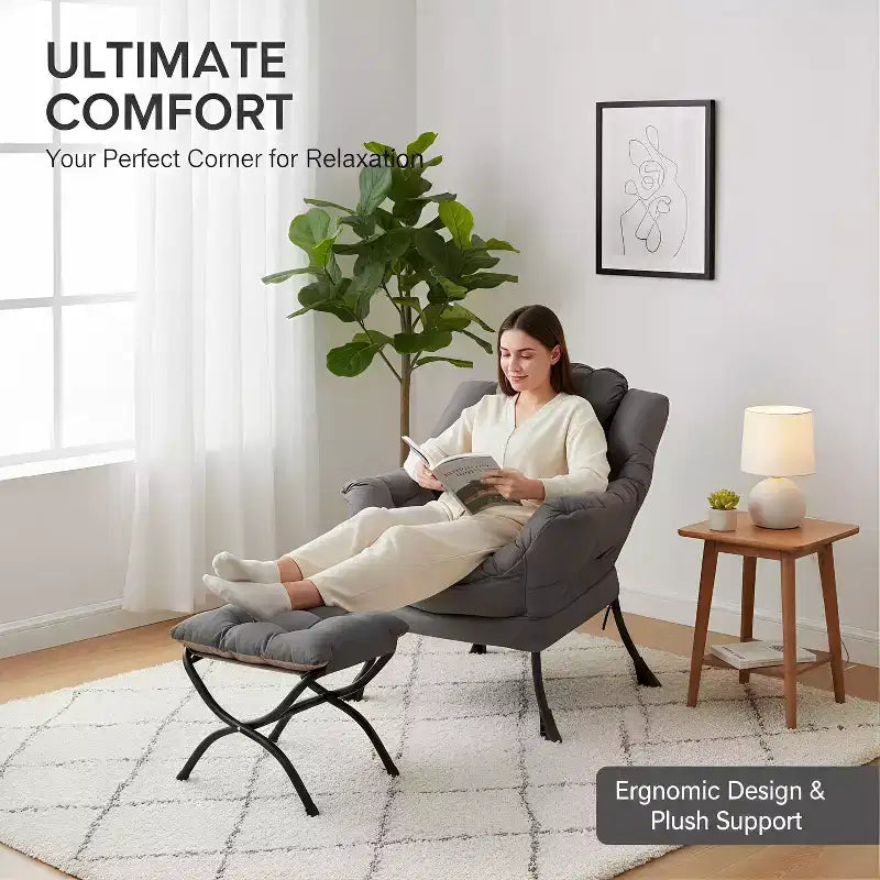Summit Adventure Lazy Chair with Ottoman Modern Accent Leisure Upholstered Armchair with Armrests Side Pocket Dark Grey