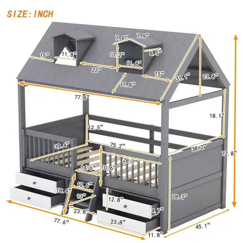 Luxystar Modern Wood House Bed Frame with 4 Drawers and Shelf