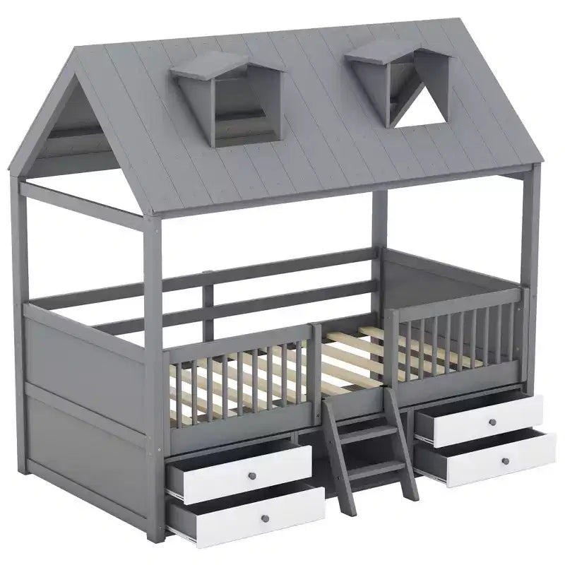 Luxystar Modern Wood House Bed Frame with 4 Drawers and Shelf