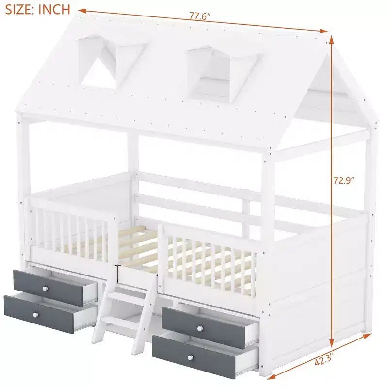 Luxystar Modern Wood House Bed Frame with 4 Drawers and Shelf