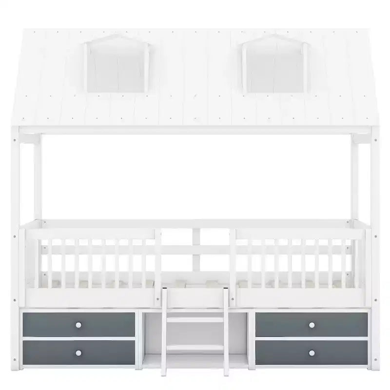 Luxystar Modern Wood House Bed Frame with 4 Drawers and Shelf