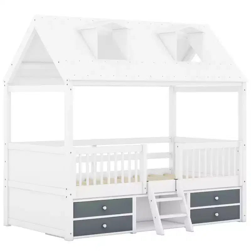 Luxystar Modern Wood House Bed Frame with 4 Drawers and Shelf