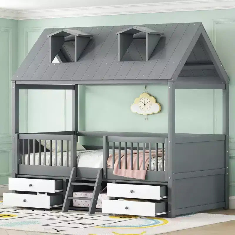 Luxystar Modern Wood House Bed Frame with 4 Drawers and Shelf