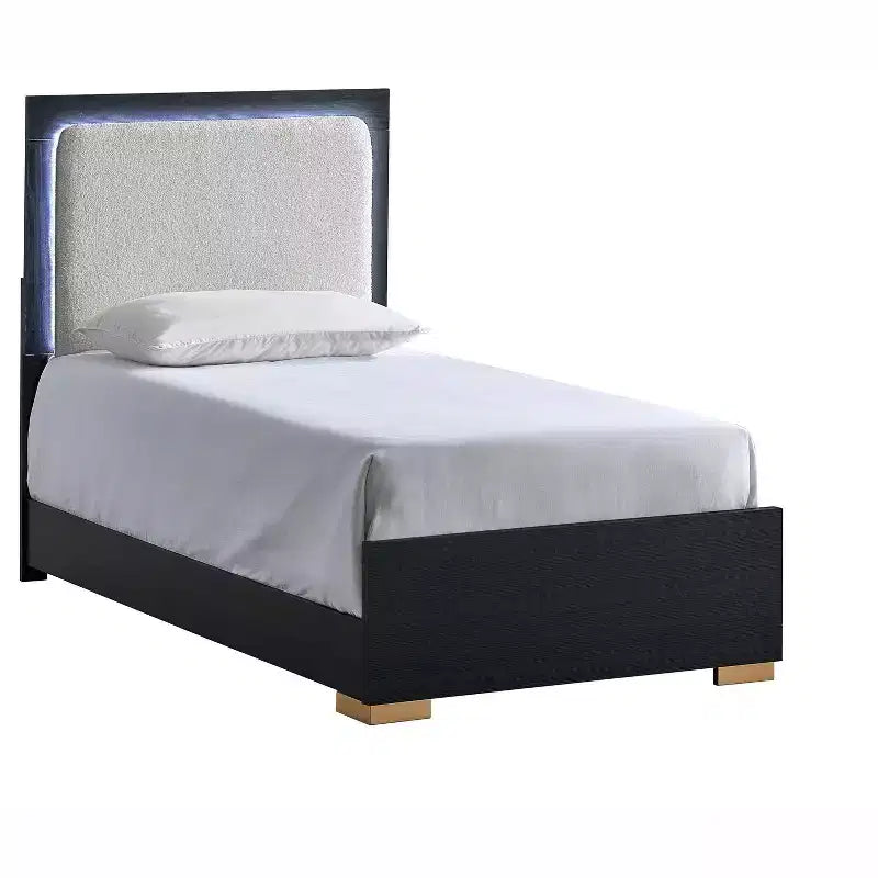 Passion Furniture Steeler Black and Gold Wood Frame Twin Panel Bed with LED Lighted Headboard