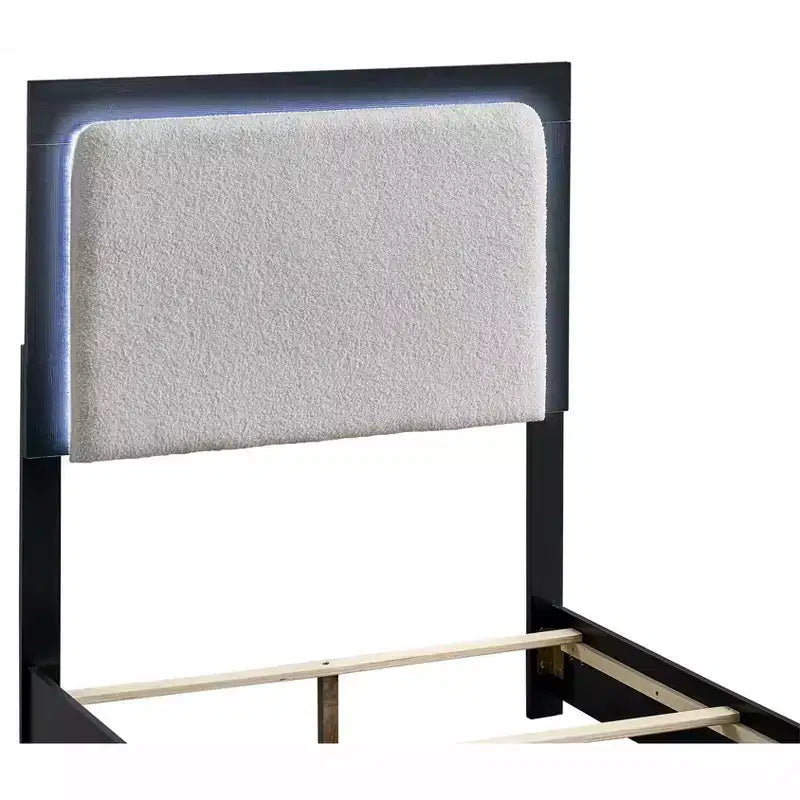 Passion Furniture Steeler Black and Gold Wood Frame Twin Panel Bed with LED Lighted Headboard