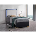 Passion Furniture Steeler Black and Gold Wood Frame Twin Panel Bed with LED Lighted Headboard