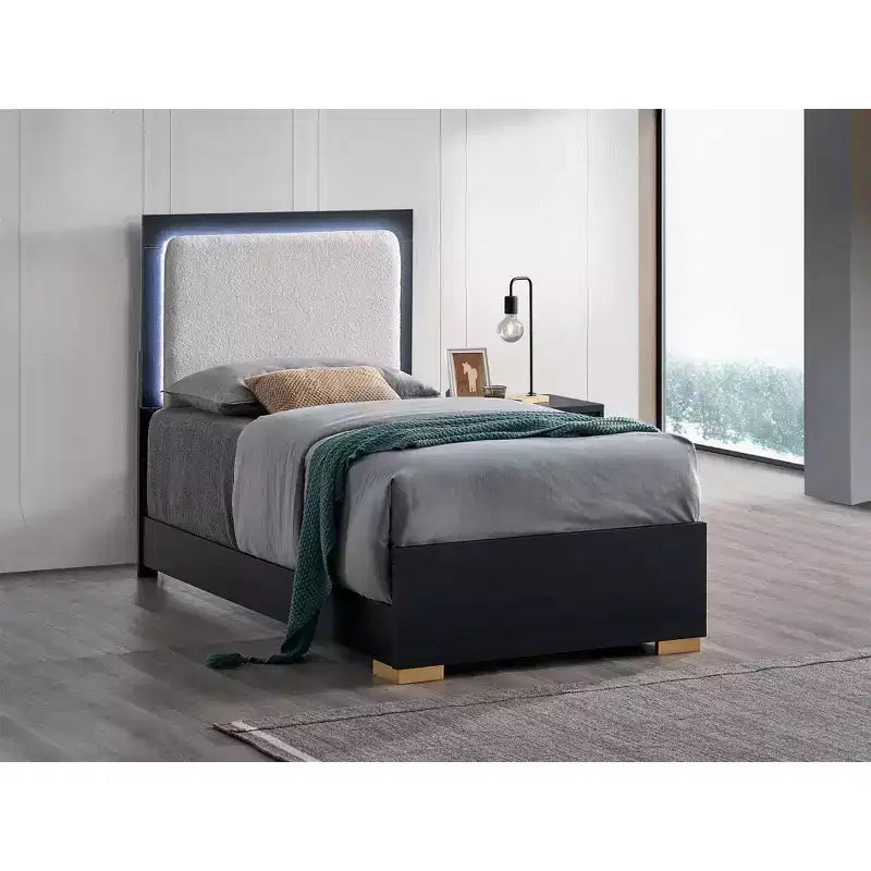 Passion Furniture Steeler Black and Gold Wood Frame Twin Panel Bed with LED Lighted Headboard
