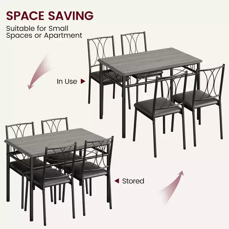 5 Piece Dining Table Set for 4, Rectangular Kitchen Table with Upholstered Chairs, Sturdy Metal Frame, Rustic Grey, for Modern Apartment/Dining Room